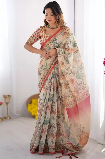 Cotton handloom saree with digital floral print and tassels – festive wear
