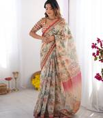 Cotton handloom saree with digital floral print and tassels     festive wear