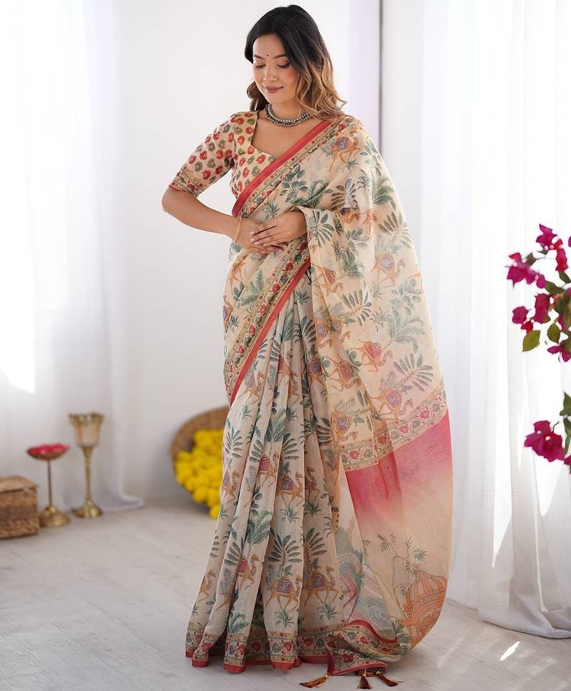 Cotton handloom saree with digital floral print and tassels     festive wear