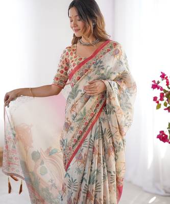 Cotton handloom saree with digital floral print and tassels     festive wear 2