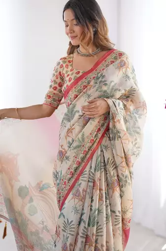 Cotton handloom saree with digital floral print and tassels     festive wear