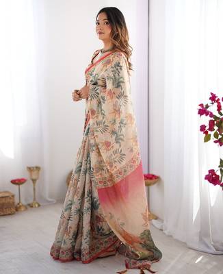 Cotton handloom saree with digital floral print and tassels     festive wear 3