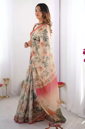 Cotton handloom saree with digital floral print and tassels     festive wear