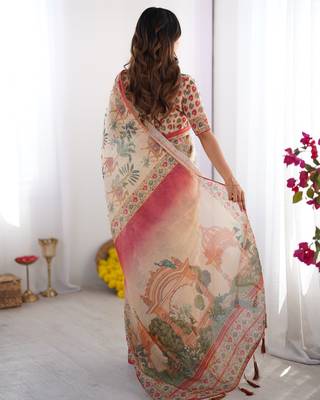 Cotton handloom saree with digital floral print and tassels     festive wear 4