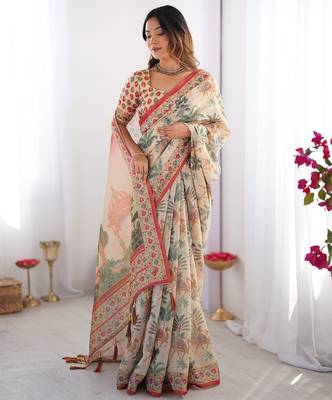 Cotton handloom saree with digital floral print and tassels     festive wear 5