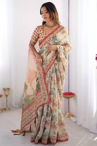 Cotton handloom saree with digital floral print and tassels     festive wear