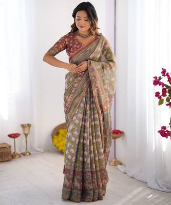 Pastel floral handloom cotton saree with pallu tassels & blouse piece 1
