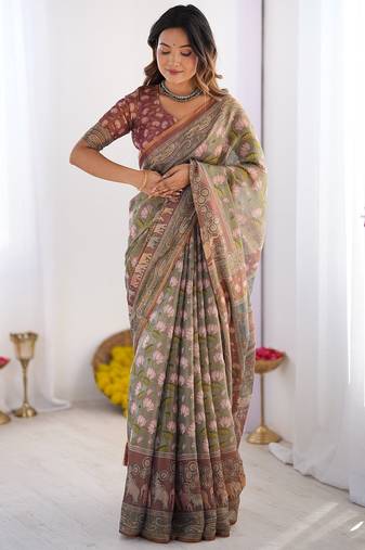 Pastel floral handloom cotton saree with pallu tassels & blouse piece