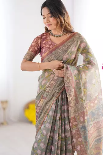 Pastel floral handloom cotton saree with pallu tassels & blouse piece
