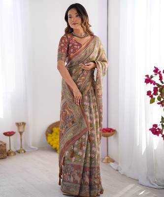Pastel floral handloom cotton saree with pallu tassels & blouse piece 3