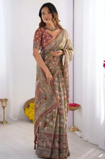 Pastel floral handloom cotton saree with pallu tassels & blouse piece
