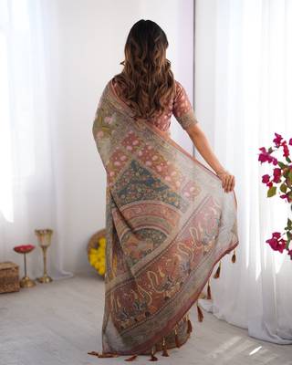 Pastel floral handloom cotton saree with pallu tassels & blouse piece 4