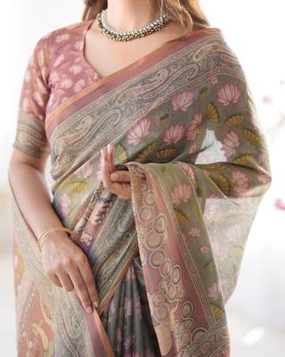 Pastel floral handloom cotton saree with pallu tassels & blouse piece 5