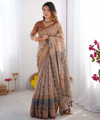 Ethnic handloom cotton saree with colorful floral print and matching blouse 1