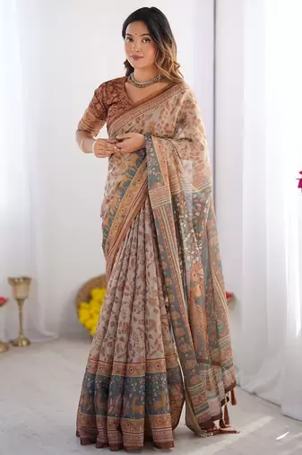 Ethnic handloom cotton saree with colorful floral print and matching blouse