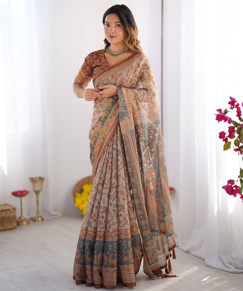 Ethnic handloom cotton saree with colorful floral print and matching blouse
