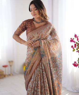 Ethnic handloom cotton saree with colorful floral print and matching blouse 2