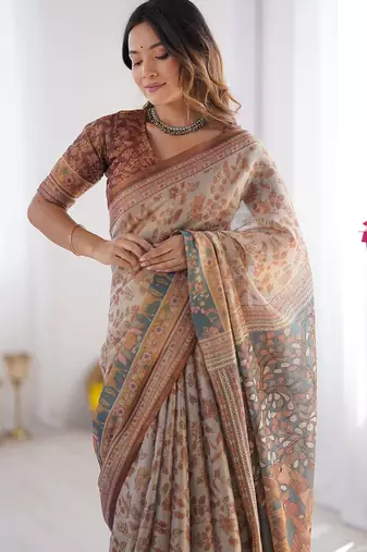 Ethnic handloom cotton saree with colorful floral print and matching blouse