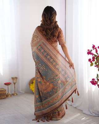 Ethnic handloom cotton saree with colorful floral print and matching blouse 3