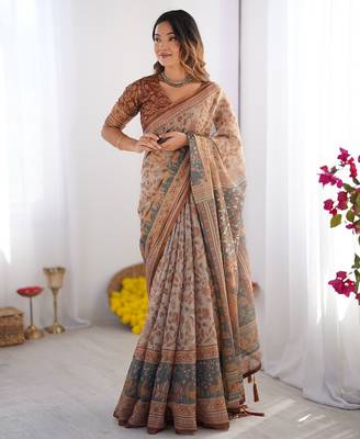 Ethnic handloom cotton saree with colorful floral print and matching blouse 4