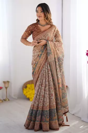 Ethnic handloom cotton saree with colorful floral print and matching blouse