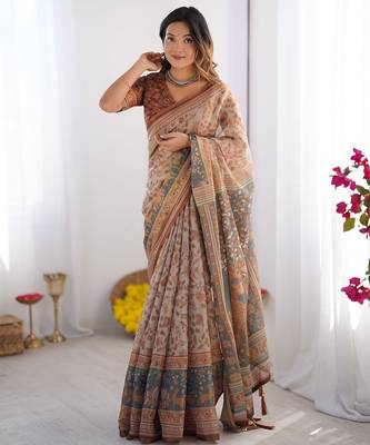 Ethnic handloom cotton saree with colorful floral print and matching blouse 5