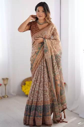 Ethnic handloom cotton saree with colorful floral print and matching blouse