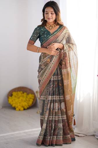 Cotton cotton blend handloom saree with floral motif and tassel border