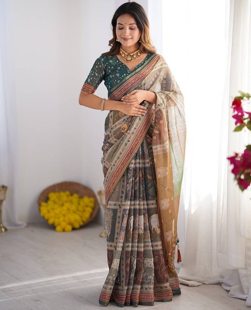 Cotton cotton blend handloom saree with floral motif and tassel border