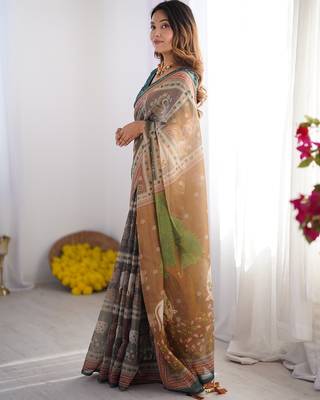 Cotton cotton blend handloom saree with floral motif and tassel border 2