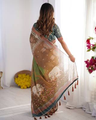 Cotton cotton blend handloom saree with floral motif and tassel border 3