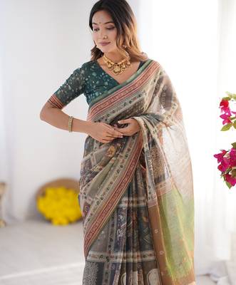 Cotton cotton blend handloom saree with floral motif and tassel border 5
