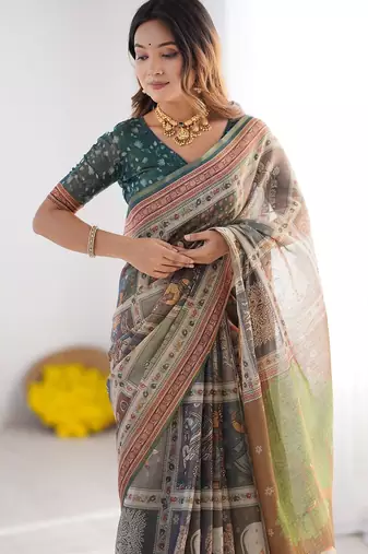 Cotton cotton blend handloom saree with floral motif and tassel border