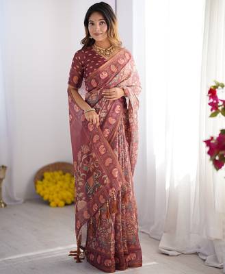 Women   s handloom cotton saree     floral printed with attached blouse & tassels 1