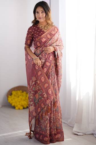 Women’s handloom cotton saree – floral printed with attached blouse & tassels