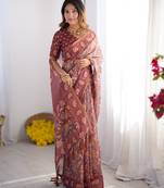 Women   s handloom cotton saree     floral printed with attached blouse & tassels