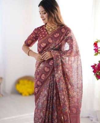 Women   s handloom cotton saree     floral printed with attached blouse & tassels 2