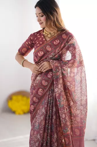 Women   s handloom cotton saree     floral printed with attached blouse & tassels