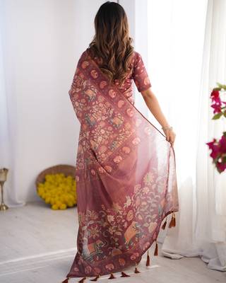 Women   s handloom cotton saree     floral printed with attached blouse & tassels 3