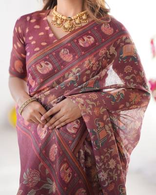 Women   s handloom cotton saree     floral printed with attached blouse & tassels 4