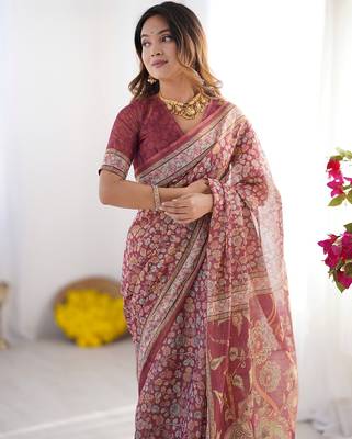 Premium floral print handloom cotton saree with pallu tassels     5.5m 2