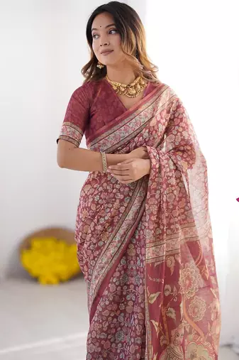 Premium floral print handloom cotton saree with pallu tassels     5.5m