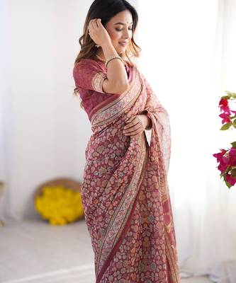 Premium floral print handloom cotton saree with pallu tassels     5.5m 3