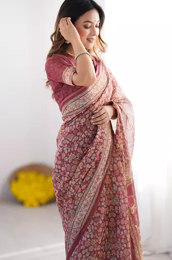 Premium floral print handloom cotton saree with pallu tassels     5.5m