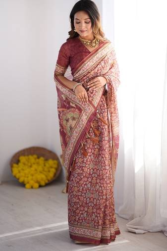 Premium floral print handloom cotton saree with pallu tassels – 5.5m