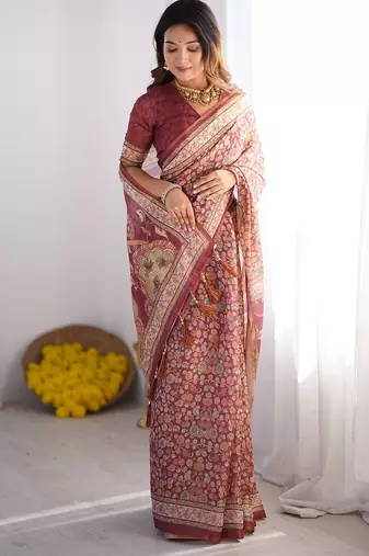 Premium floral print handloom cotton saree with pallu tassels – 5.5m