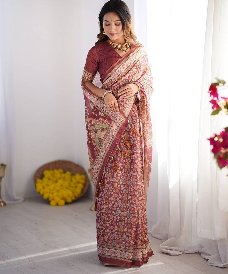 Premium floral print handloom cotton saree with pallu tassels     5.5m