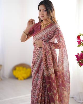 Premium floral print handloom cotton saree with pallu tassels     5.5m 4
