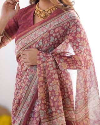 Premium floral print handloom cotton saree with pallu tassels     5.5m 5