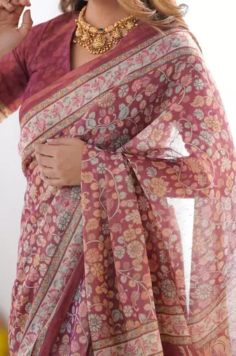 Premium floral print handloom cotton saree with pallu tassels     5.5m